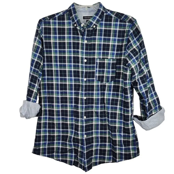 Club Room Plaid Check Blue Green Button Down Shirt Men Size L Lined Long Sleeve - Picture 1 of 10